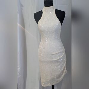 Ivory Sequin Halter Mini Dress Open Back Party Dress Size Small